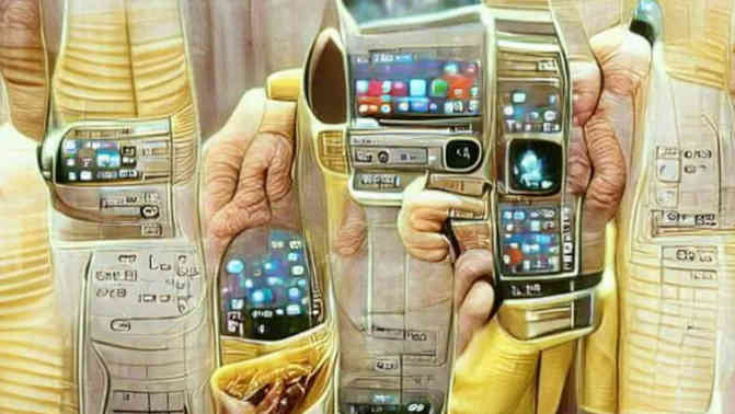 Hände halten futuristische Smartphones.