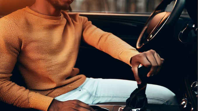 Ein Fahrer hält einen Schalthebel im Auto.