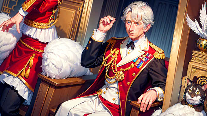 Ein Monarch mit Ähnlichkeiten zu King Charles sitzt auf einem Thron.