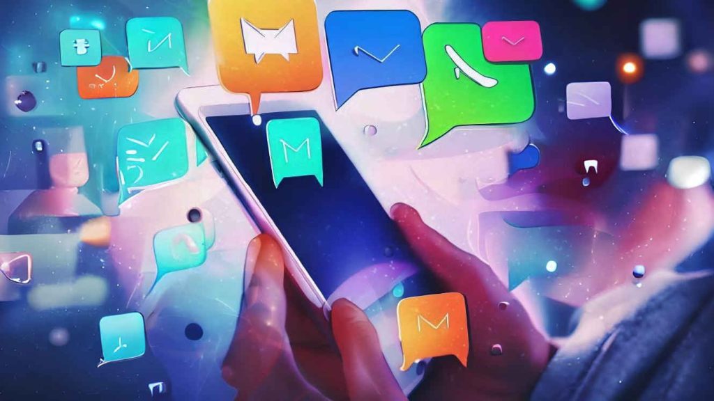 Eine Hand hält ein Smartphone, umgeben von Messenger Symbolen.