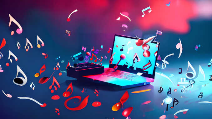 Ein Laptop mit Musiknoten.