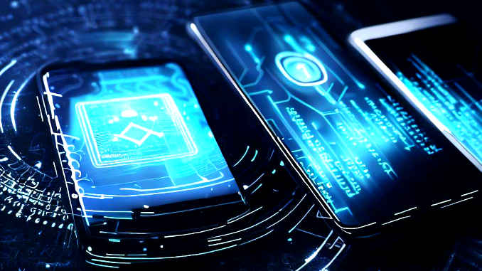 Zwei Smartphones mit Schaltkreis-Symbolen.