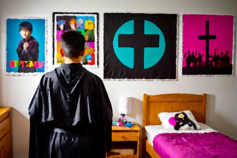 Ein Priester von hinten in einem Kinderzimmer.