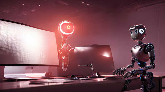 Ein Roboter steht vor einem Bildschirm.