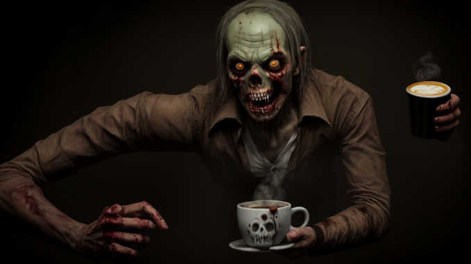 Ein Zombie mit einem Kaffee.