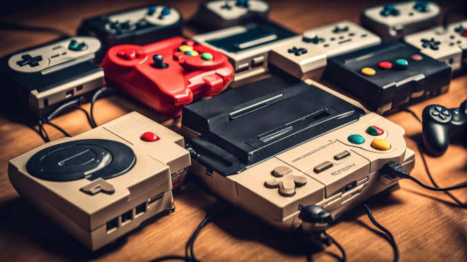 Retro Konsolen auf einem Tisch.