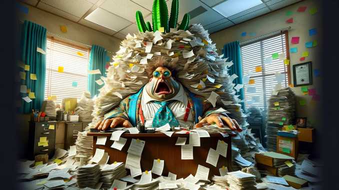 Beamten-Witze und ein Berg voller Papier.