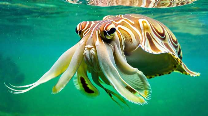 Ein Kuttelfisch im Wasser.