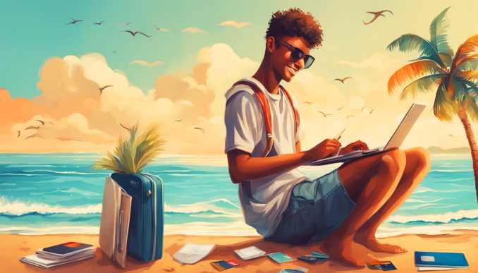 Student mit Kreditkarte am Strand.