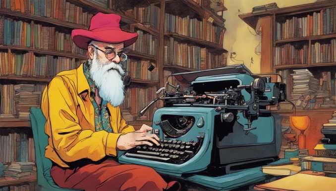 Terry Pratchett an der Schreibmaschine.