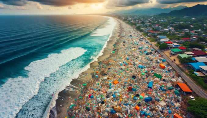 Strand mit Plastikmüll.