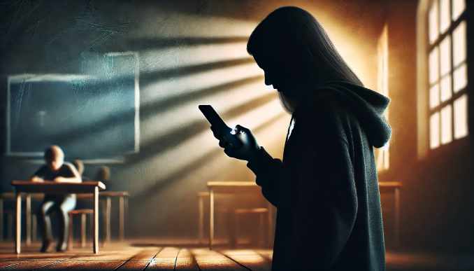 Schülerin mit Handy.