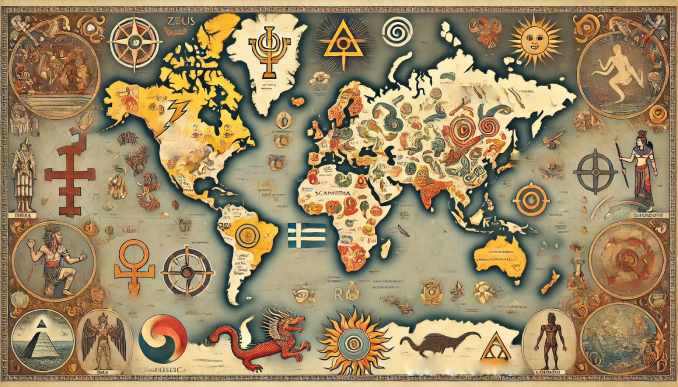 Karte mit mythischen Symbolen.