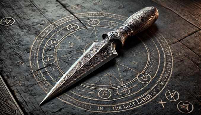 Dolch auf Scheibe mit Symbolen.