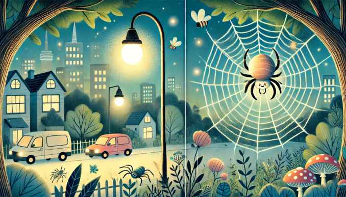 Spinne in Netz bei Strasse.