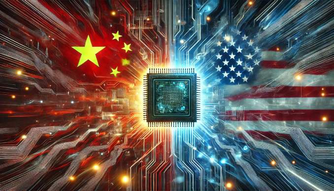 China Flagge und USA Flagge und in der Mitte ein KI Chip.