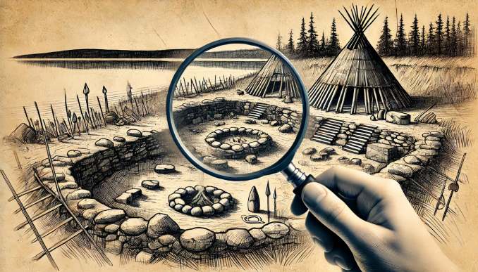 Alte Siedlung mit einer Lupe betrachtet.