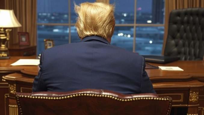 Trump von Hinten am Schreibtisch.