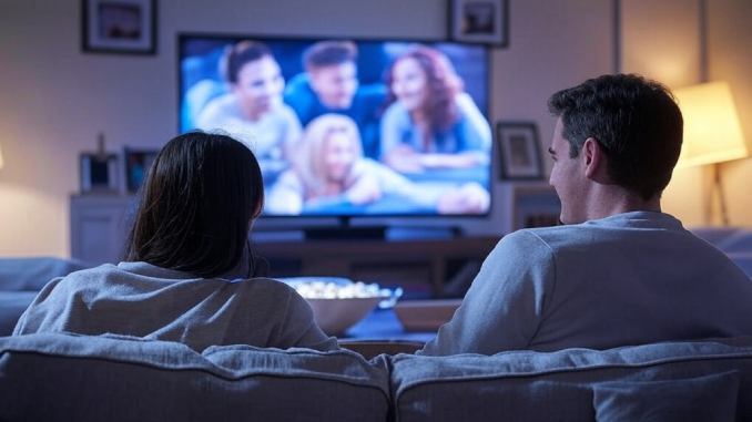 Paar auf Sofa streamt Serien auf Fernseher.