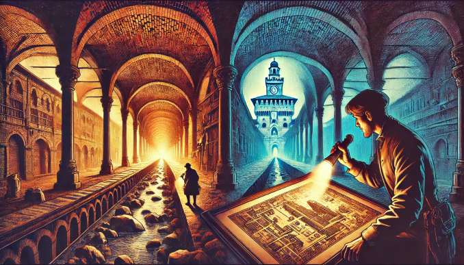 Ein Archäologie schaut einen Plan an in einem Tunnel.