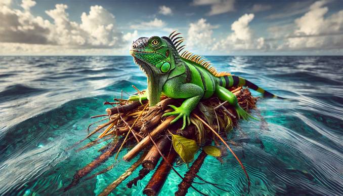 Leguan auf natürlichem Floss auf dem Meer.