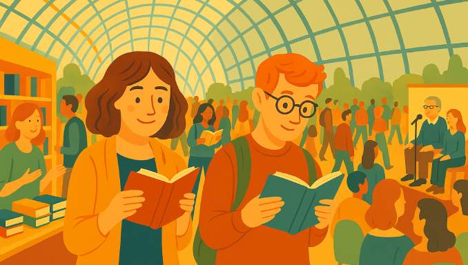 2 Besucher auf Buchmesse, mit Büchern in der Hand.