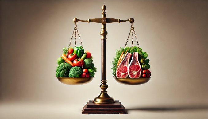 Waage mit Fleisch und Gemüse.