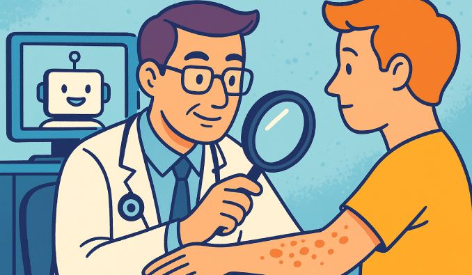 Ein Arzt untersucht mit einer Lupe einen Ausschlag.