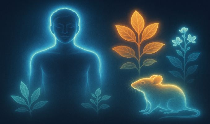 Mensch, Pflanze und Maus mit Aura.