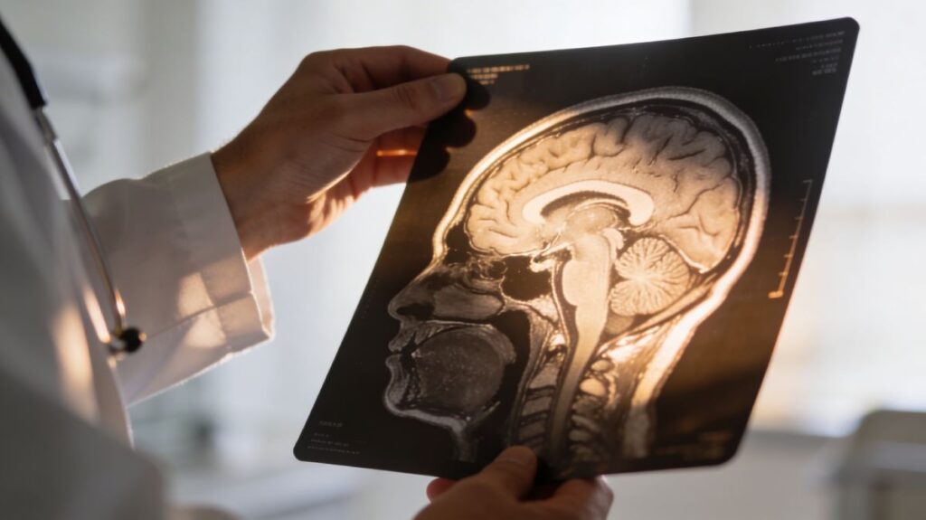 Arzt hält MRT Scan in der Hand.