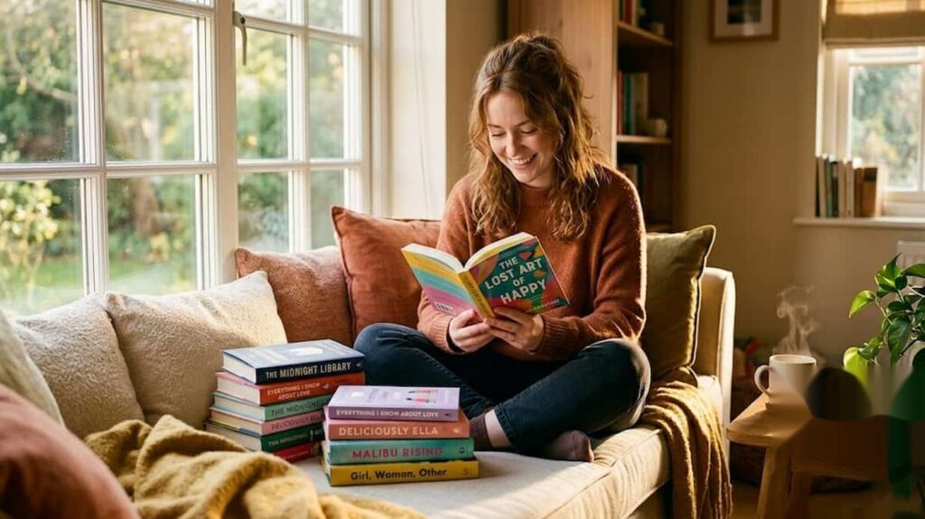 Leserin mit Buch auf Couch.