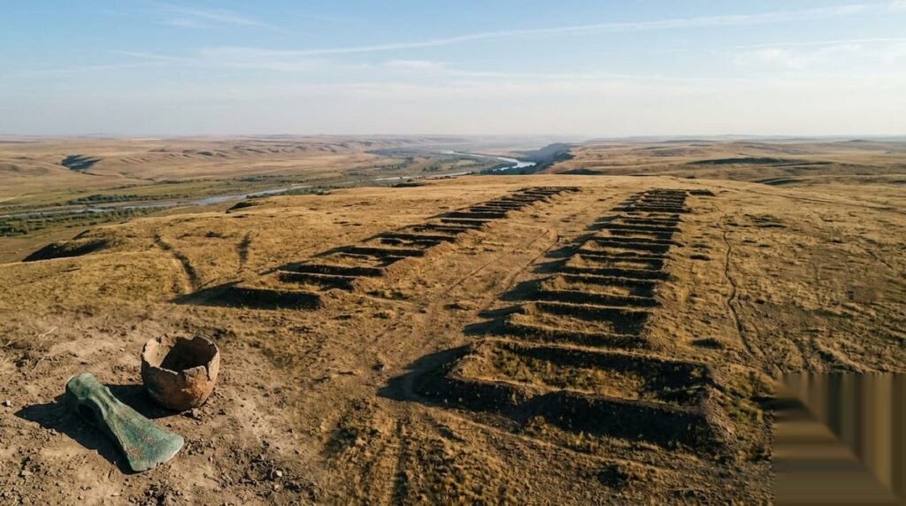 Steppe in Kazachstan mit Archäologischer Fundstätte.