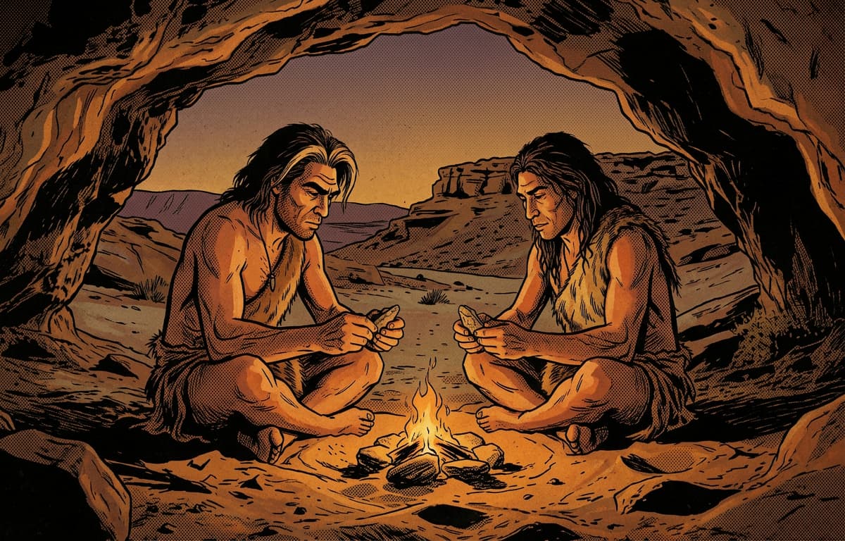 Neanderthaler und Mensch am Lagerfeuer