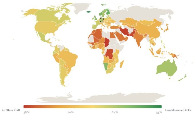 Die Karte zeigt den Gender Gap in allen Ländern.